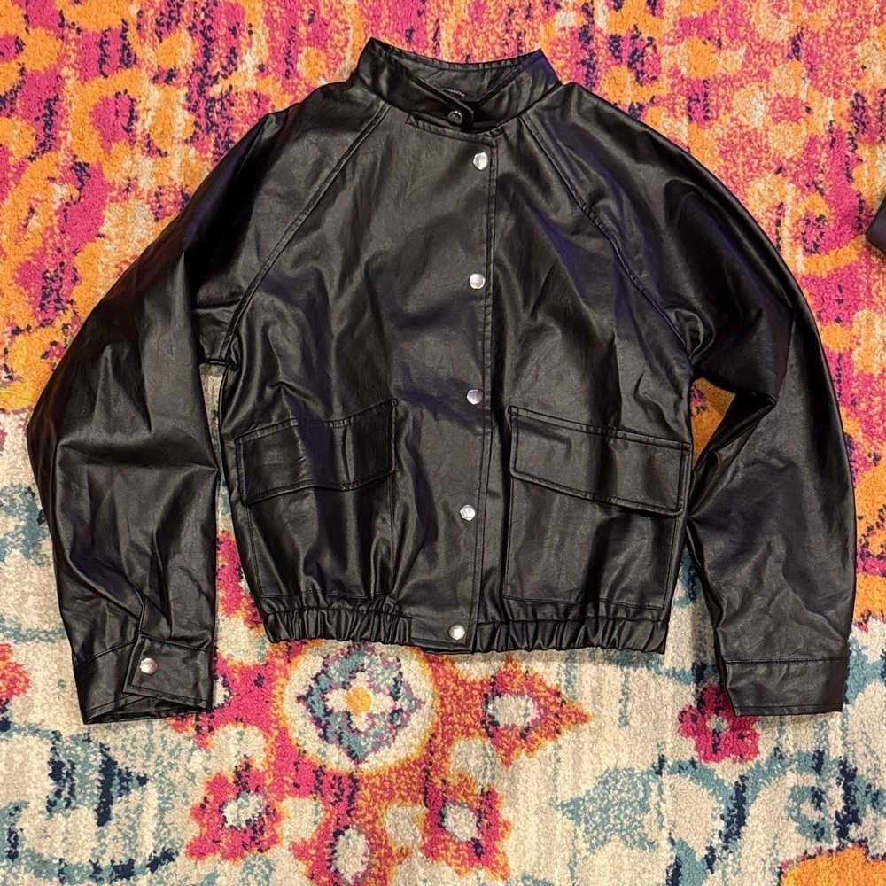Black Faux Leather Jacket with Silver Buttons
